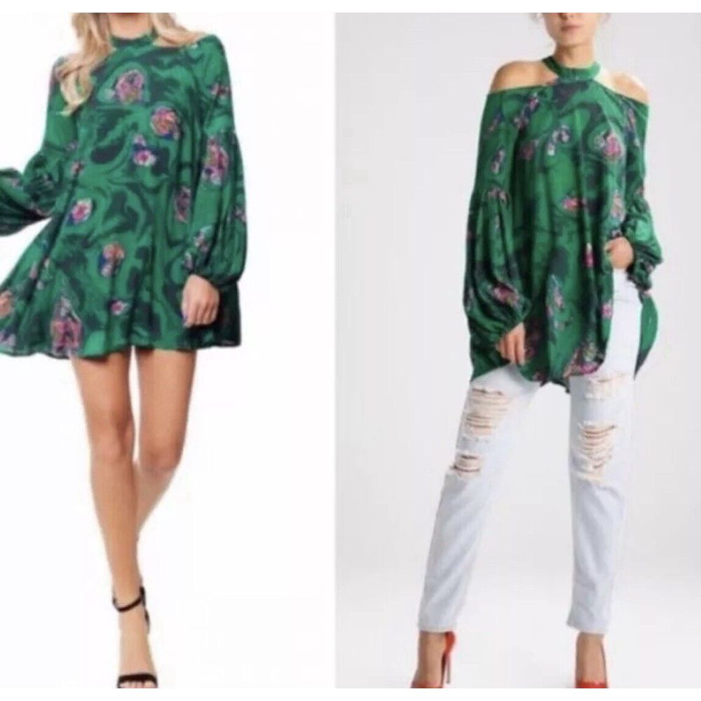 Free People Green Pink Floral Cold Shoulder Tunic‎ Mini Dress Ballon Sleeve Sz S